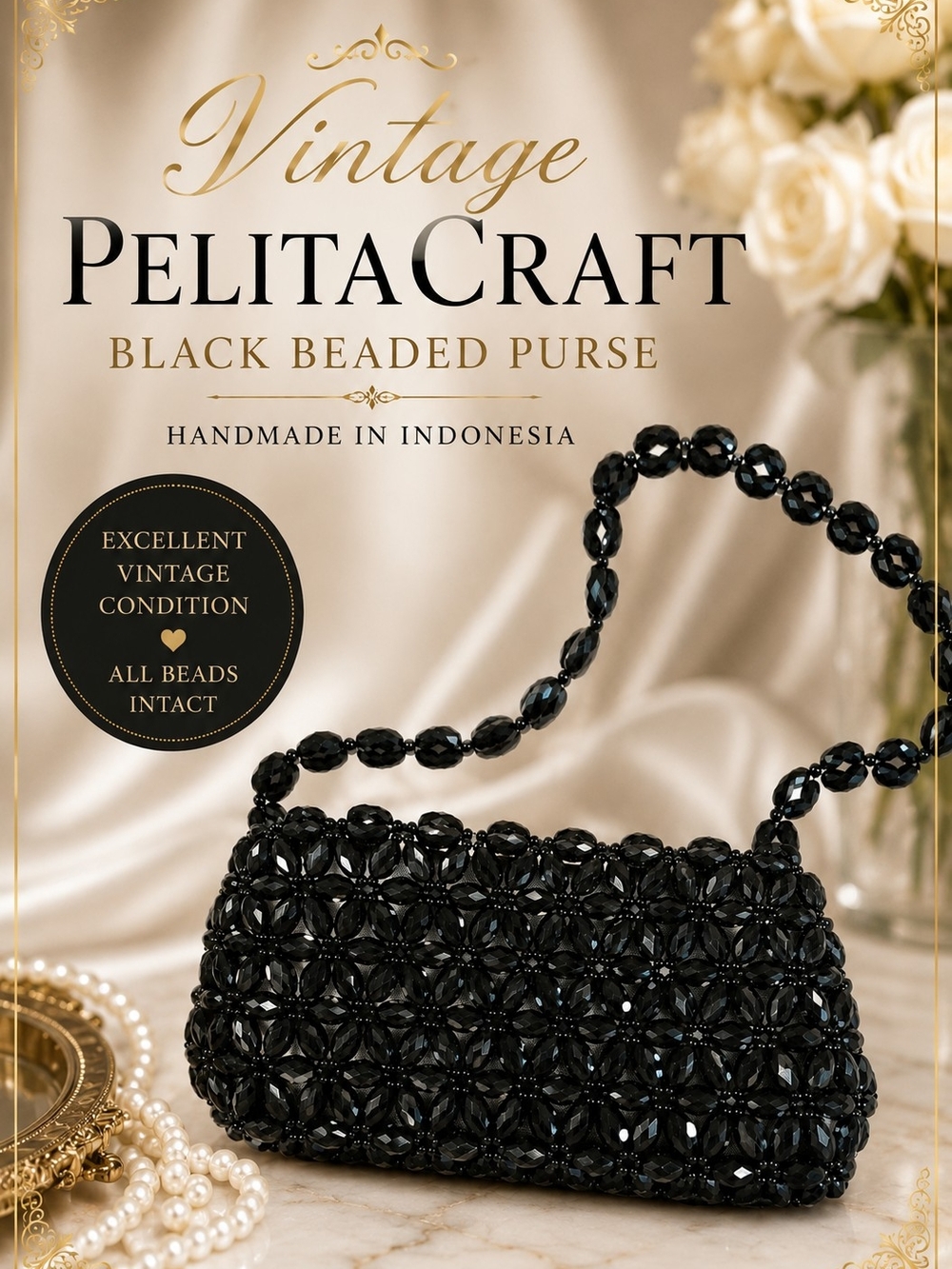 Vintage Pelita Craft Black Beaded Purse Evening Bag Y2K Handbag  Indonesia Chic